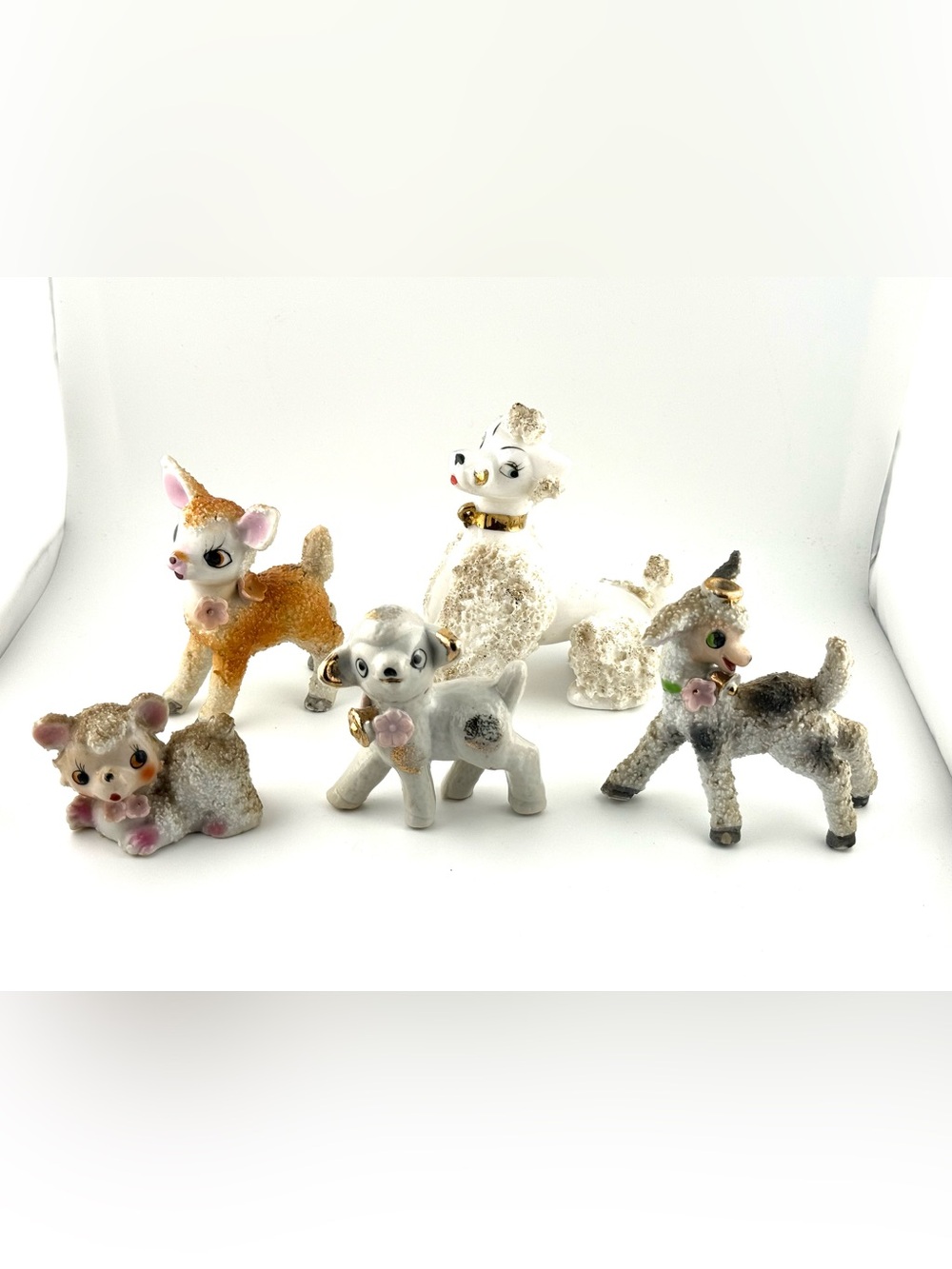 Vintage 1950s Kitsch Figurine Lot – Spaghetti Poodle, Sugar Fawn & Lambs